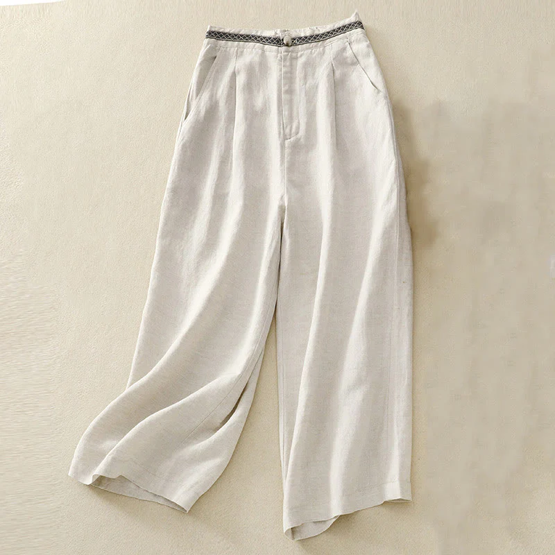 Mocoer Solid Color Front Button Back Elastic Cotton Linen Women's Pants With Pockets - Mocoer
