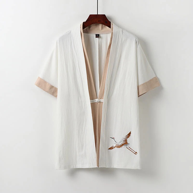 Mocoer Fake Two-piece Men's Half Sleeve Cardigan Embroidery Hanfu Comfort Cotton Shirt - Mocoer