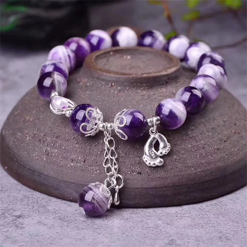 Mocoer 925 Sterling Silver Natural Amethyst Healing Feet Love Heart Charm Bracelet - Mocoer