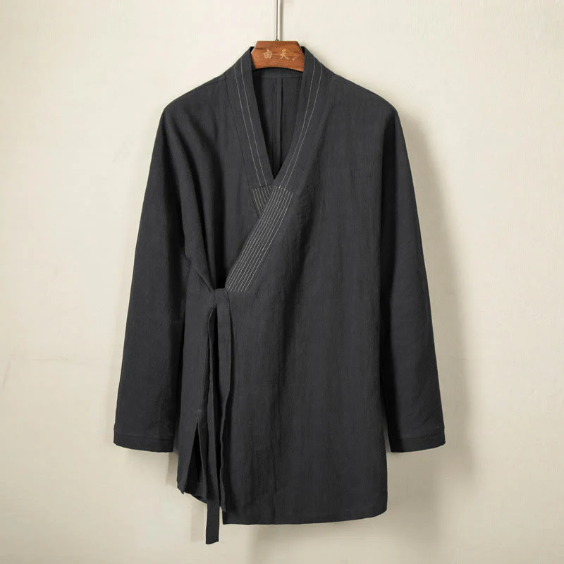Mocoer Simple Fall Lace-up Cotton Linen Men Jacket Coat Zen Clothing - Mocoer