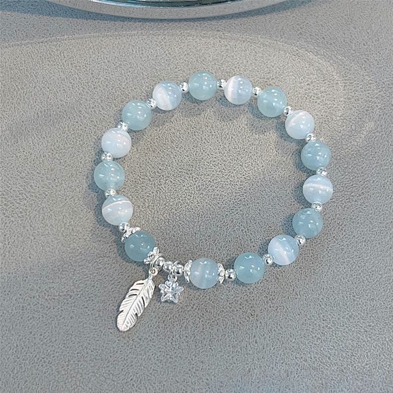 Mocoer 925 Sterling Silver Aquamarine Cat's Eye Healing Feather Star Charm Bracelet - Mocoer