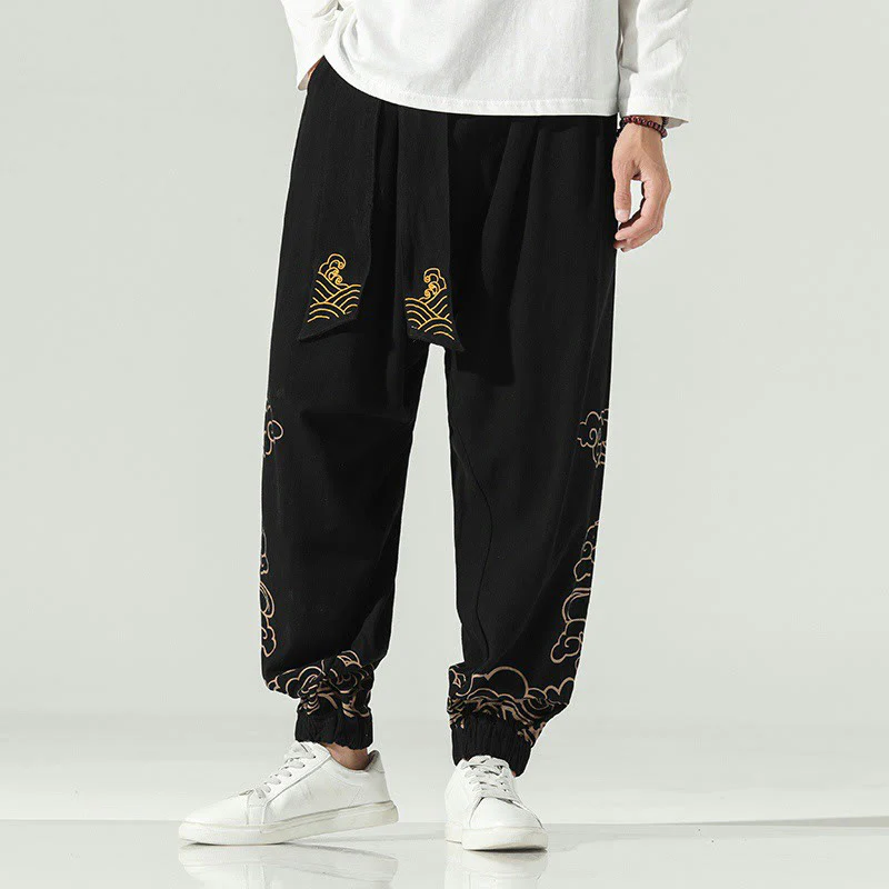 Mocoer Auspicious Clouds Cotton Linen Men's Drawstring Harem Pants With Pockets - Mocoer