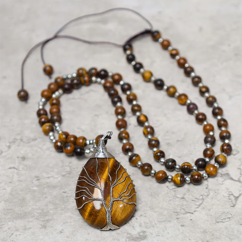 Mocoer Natural Tiger Eye Strength Beaded Pendant Necklace - Mocoer