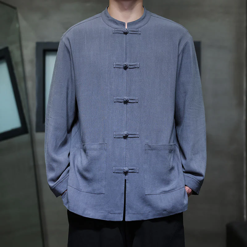 Mocoer Casual Plain Color Frog-button Linen Men's Jacket Shirt With Pockets - Mocoer