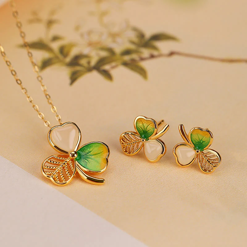 Mocoer 925 Sterling Silver Plated Gold Hetian Jade Luck Shamrock Clover Necklace Pendant Earrings - Mocoer