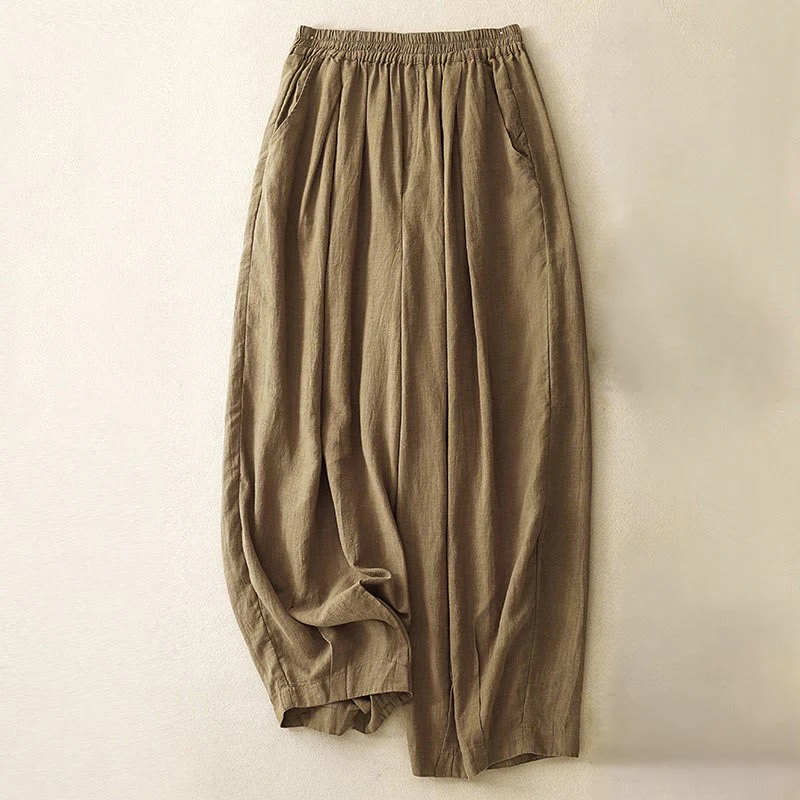 Mocoer Plain Color Carrot Type Elastic Waistband Cotton Linen Women's Pants With Pockets - Mocoer