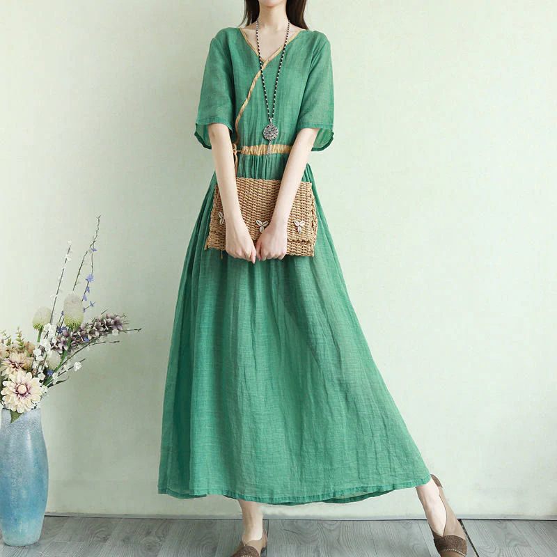 Mocoer Summer Vintage Plain Pleated Patchwork Design Drawstring Cotton Linen Maxi Dress With Pockets - Mocoer