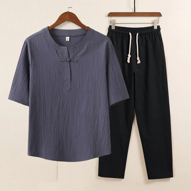 Mocoer 2Pcs Simple Design Chinese Frog-Button Shirt Drawstring Wide Leg Pants With Pockets Men's Meditation Cloth Set - Mocoer