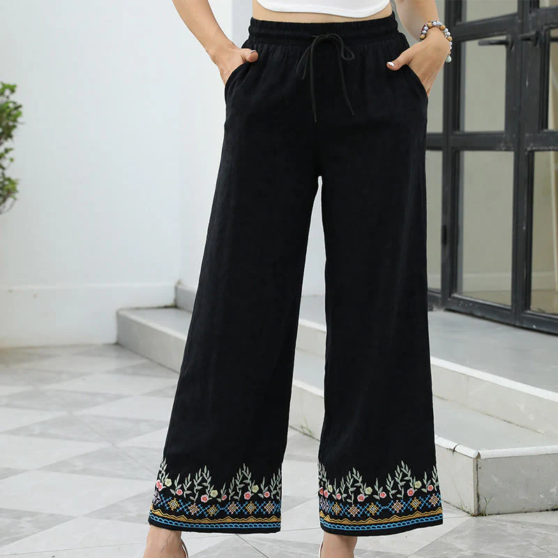 Mocoer Black Spring Embroidery Flower Pattern Cotton Linen Drawstring Women's Pants With Pockets - Mocoer