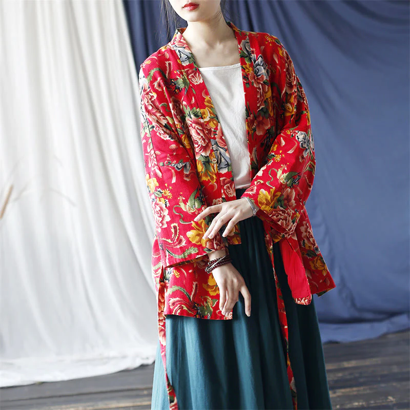 Mocoer Ethnic Style Northeast Red Flower Peony Print Cotton Linen Lace Up Jacket - Mocoer