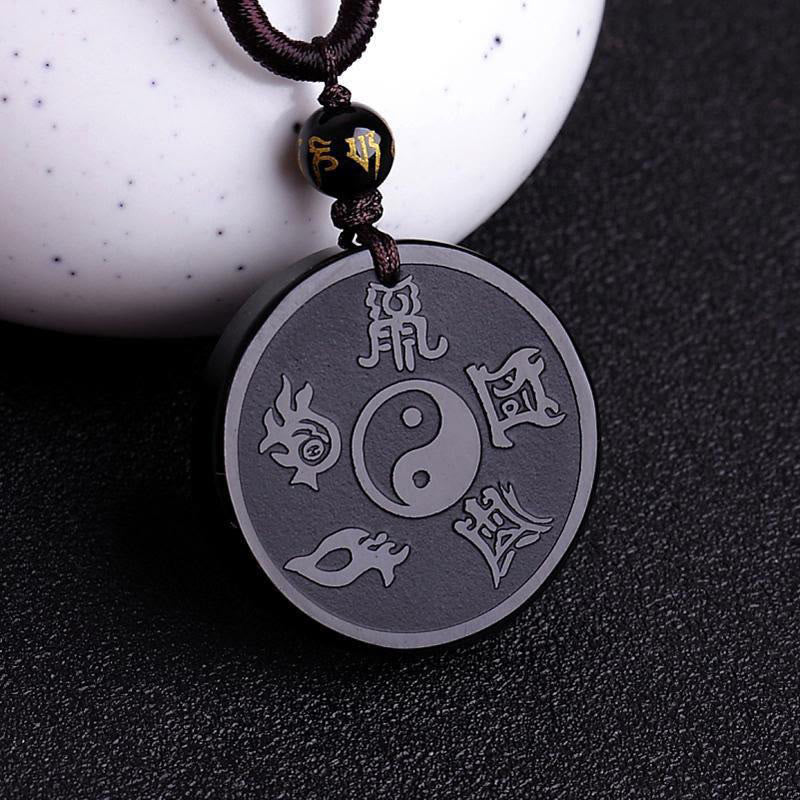 Mocoer Natural Black Obsidian Taoism Five Sacred Mountains Nine-Character Mantra Carved Strength Yin Yang Necklace Pendant Key Chain - Mocoer