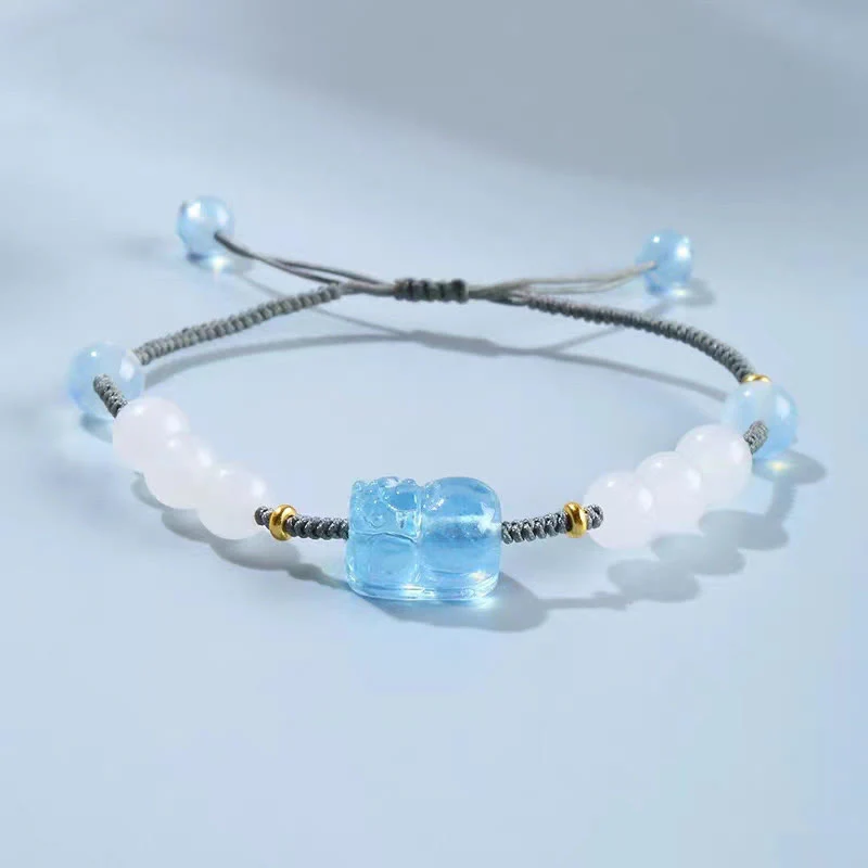 Mocoer Natural Aquamarine PiXiu Hetian White Jade Healing Bracelet - Mocoer