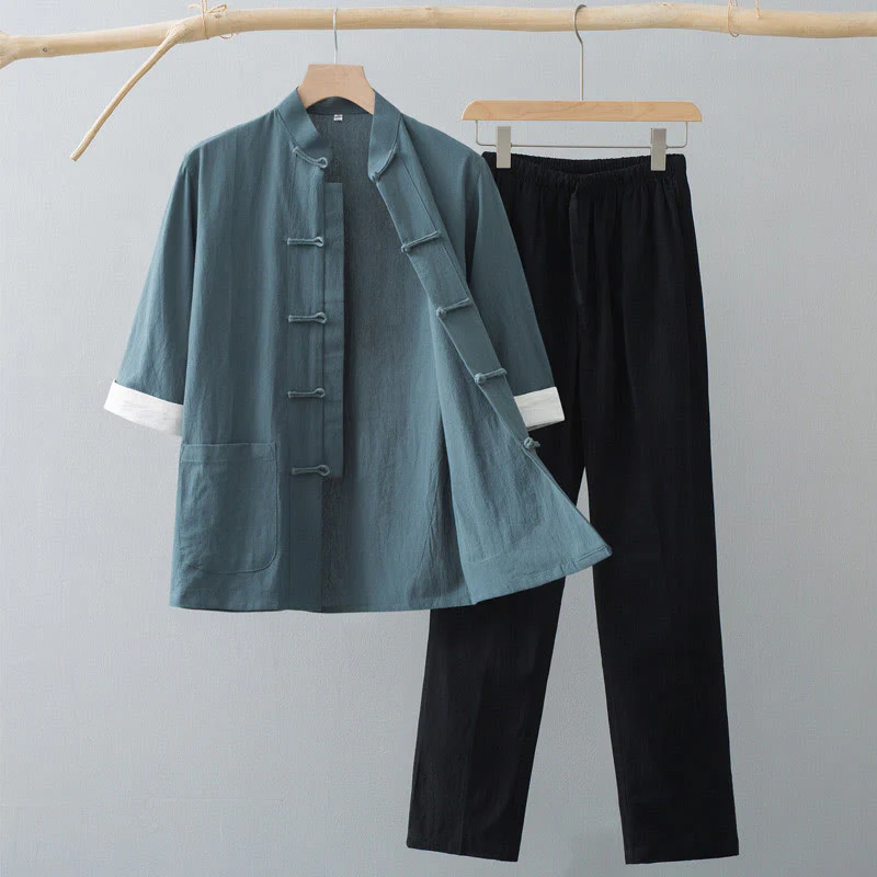 Mocoer Traditional Frog-Button Tang Suit Cotton Half Sleeve Top Pants Clothing Men's Set - Mocoer