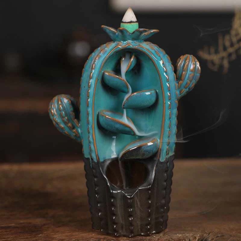 Mocoer Cactus Ceramic Healing Backflow Smoke Fountain Incense Burner - Mocoer