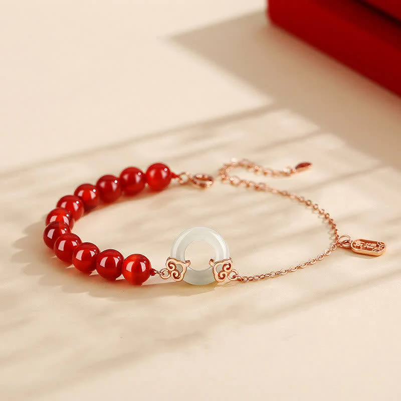 Mocoer 925 Sterling Silver Natural Red Agate White Jade Peace Buckle Confidence Bracelet - Mocoer