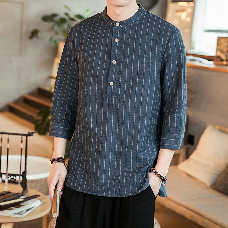 Mocoer Half Button Striped Three Quarter Sleeves Linen Men's Shirt - Mocoer