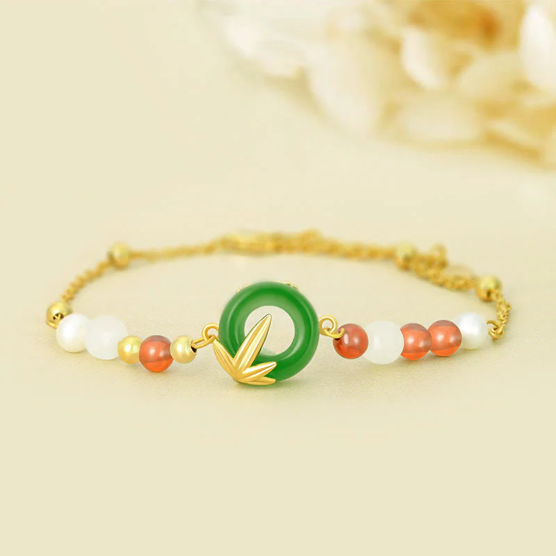 Mocoer 925 Sterling Silver Green Chalcedony Peace Buckle Bamboo Calm Bracelet - Mocoer