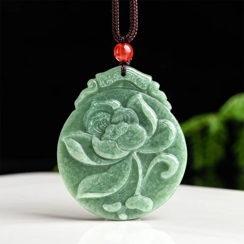 Mocoer Round Lotus Pattern Jade Abundance Prosperity Necklace Rope Pendant - Mocoer
