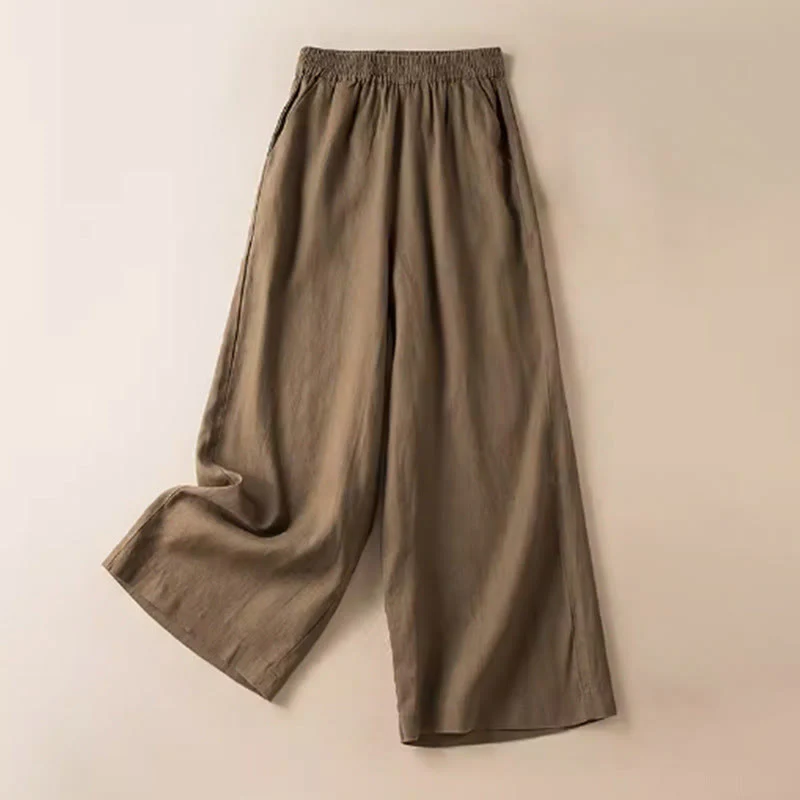 Mocoer Casual Solid Color Cotton Linen Women's Wide Leg Pants With Pockets - Mocoer