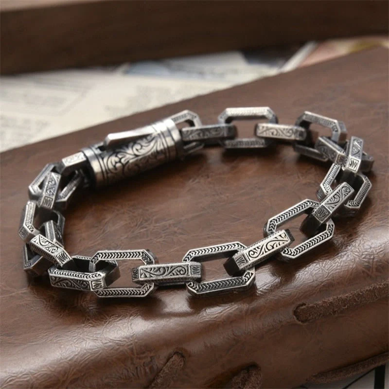 Mocoer Vintage Tang Dynasty Flower Design Engraved Luck Energy Bracelet - Mocoer