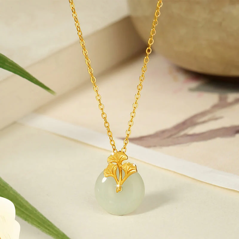 Mocoer 925 Sterling Silver Hetian Jade Ginkgo Leaves Prosperity Necklace Pendant - Mocoer