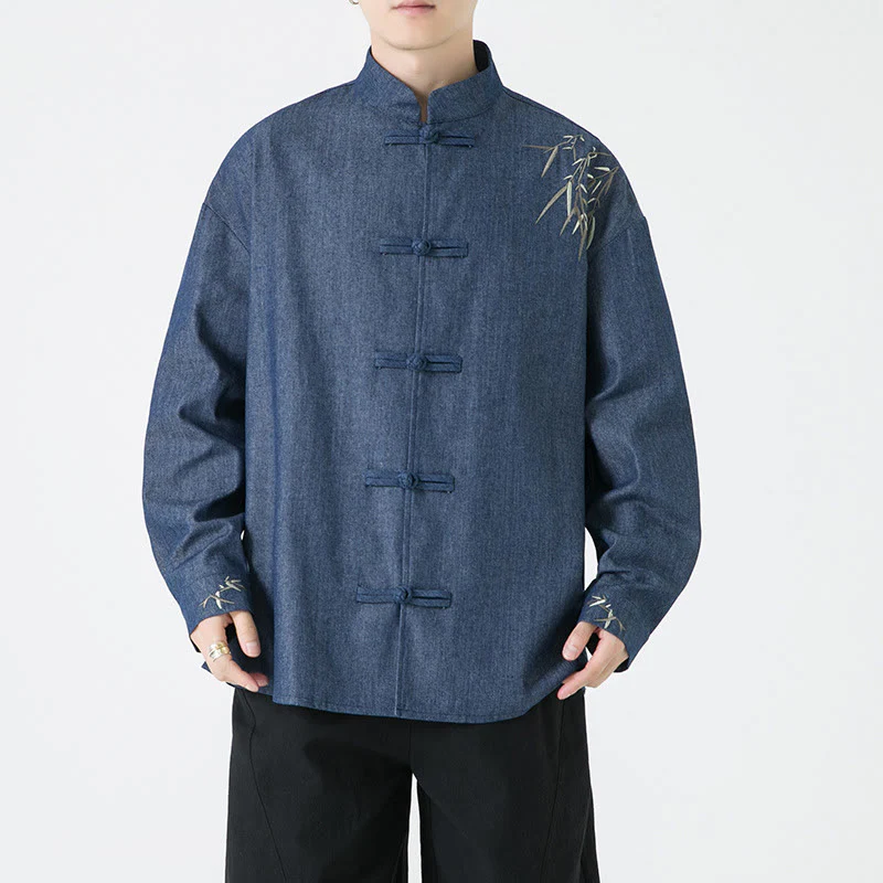 Mocoer Bamboo Leaves Design Frog-button Tang Suit Cotton Men's Jacket Shirt - Mocoer