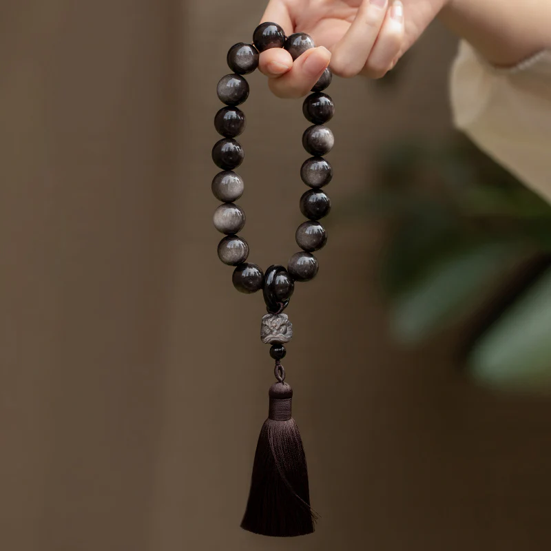 Mocoer Natural Silver Sheen Obsidian Black Obsidian Lion Wrist Mala Protection Tassels Pocket Mala Car Decoration - Mocoer