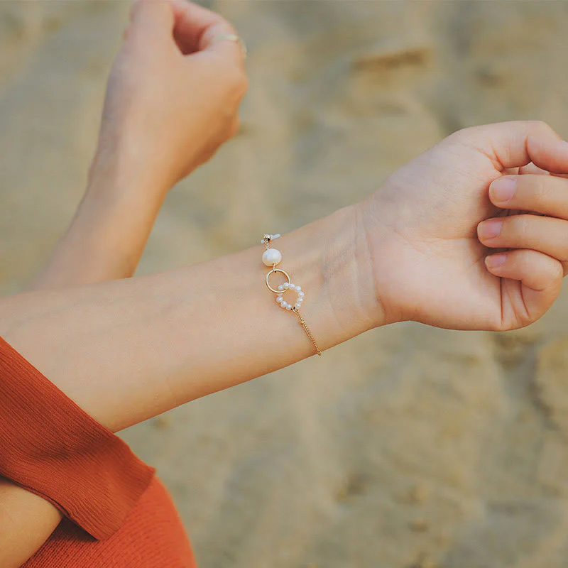 Mocoer 14K Gold Plated Pearl Double Peace Buckle Healing Chain Bracelet - Mocoer