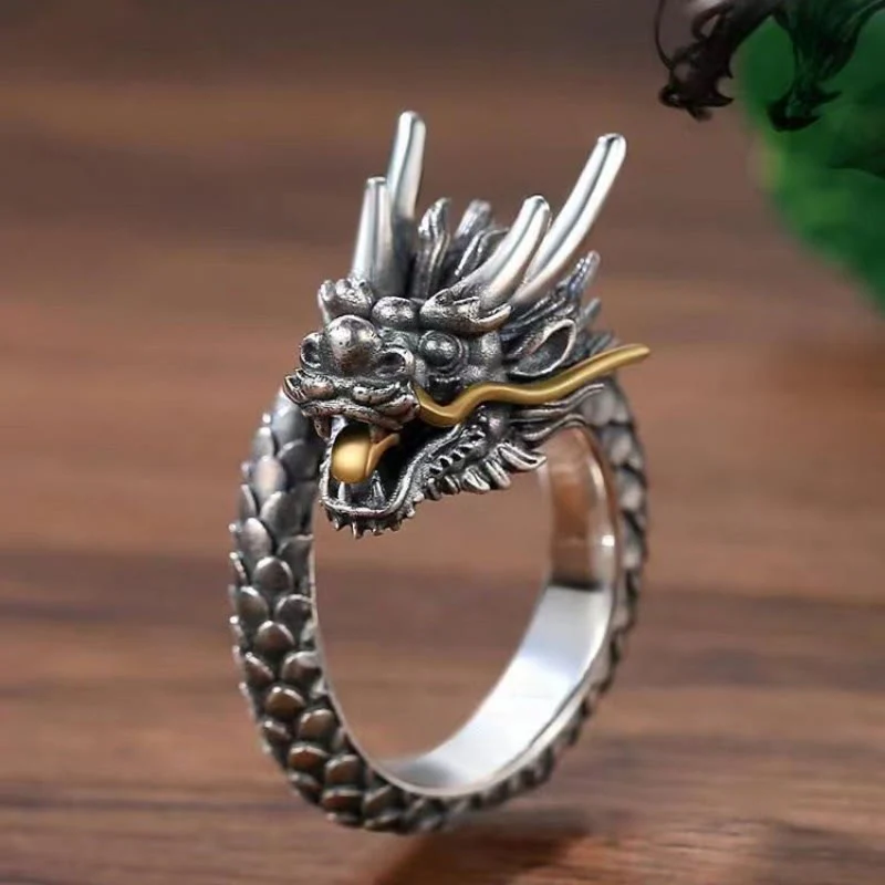Mocoer 925 Sterling Silver Vintage Dragon Design Protection Strength Adjustable Ring - Mocoer