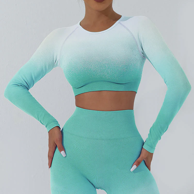 Mocoer Gradient Long Sleeve Crop Top Tee Bra Leggings Pants Fitness Yoga Outfit - Mocoer