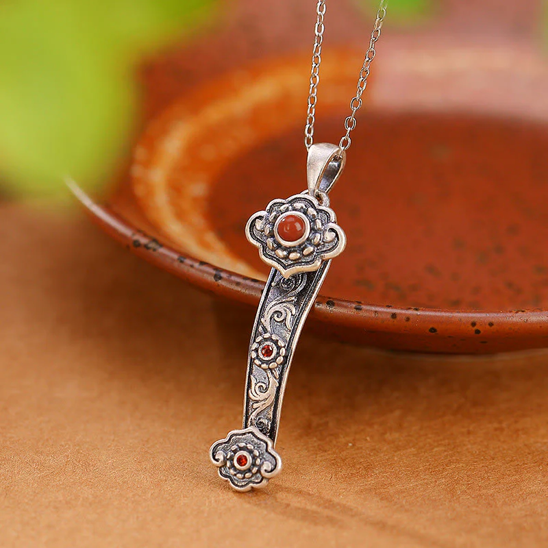 Mocoer 925 Sterling Silver Red Agate Cyan Jade Auspicious Clouds Ruyi Handle Blessing Necklace Pendant - Mocoer