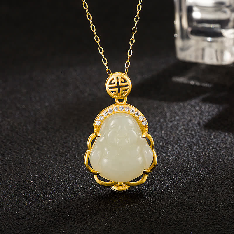 Mocoer 925 Sterling Silver Laughing Buddha Hetian White Jade Protection Necklace Pendant - Mocoer