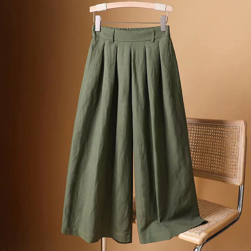 Mocoer Summer Casual Pure Color 7-8 Length Cotton Linen Women's Wide Leg Pants - Mocoer