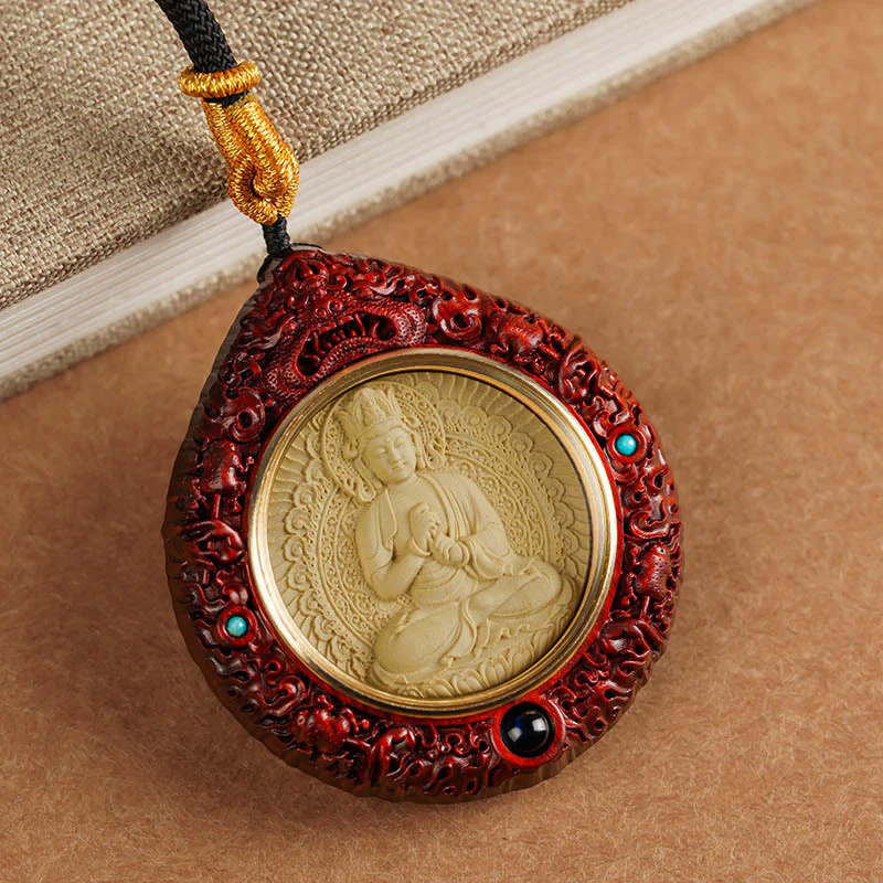 Mocoer Chinese Zodiac Avalokitesvara Small Leaf Red Sandalwood Ebony Longevity Necklace Pendant - Mocoer