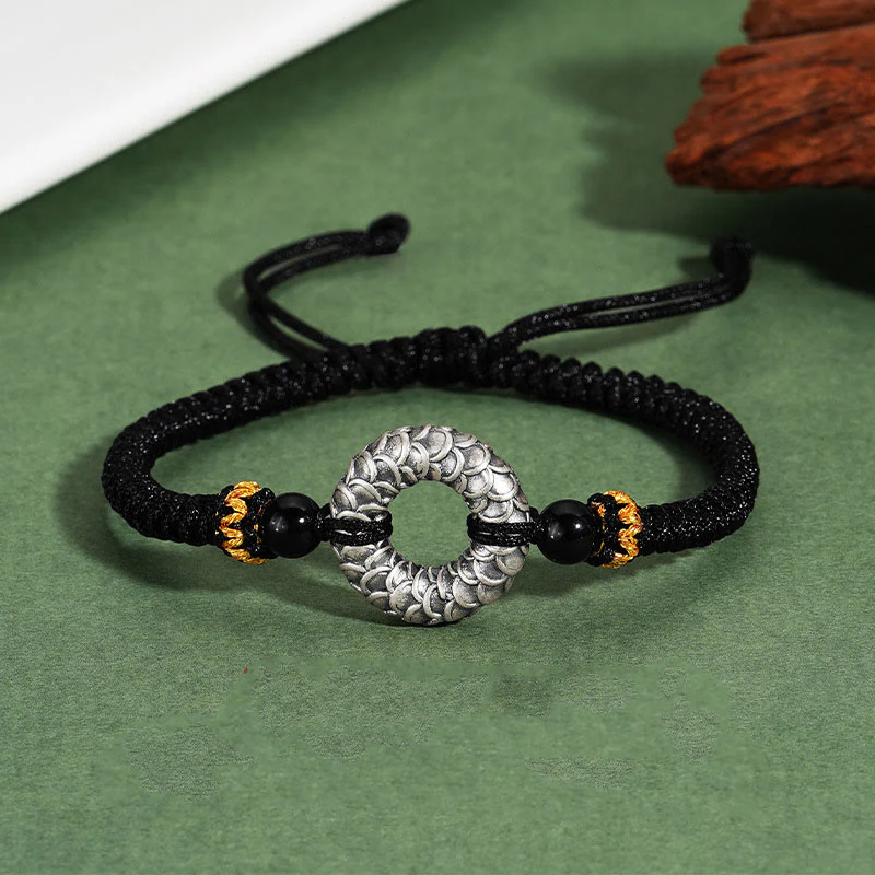 Mocoer Handmade Black Onyx 999 Sterling Silver Peace Buckle Dragon Black String Luck Braided Bracelet - Mocoer