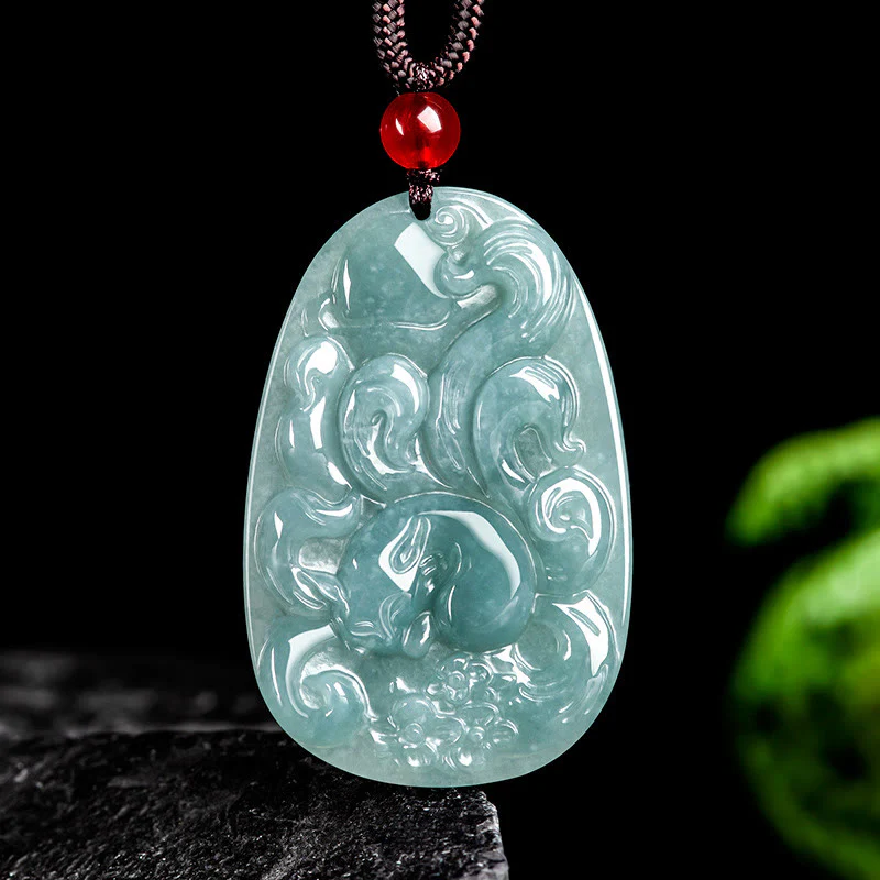 Mocoer Natural Green Jade Nine Tailed Fox Flowers Luck Necklace Pendant - Mocoer