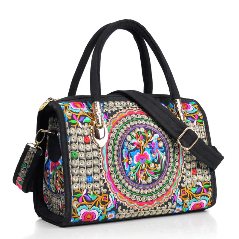 Mocoer Money Tree Peony Camellia Double-Sided Embroidery Canvas Shopping Purse Handbag Crossbody Bag - Mocoer