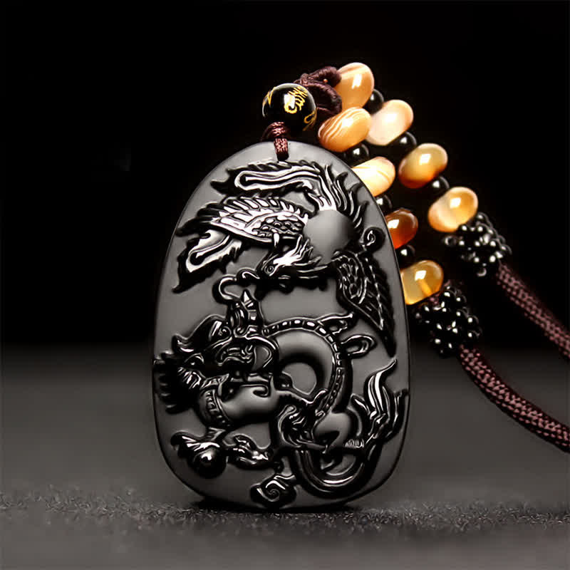 Mocoer Black Obsidian Tiger Eye Dragon Phoenix Protection Beaded Necklace Pendant - Mocoer