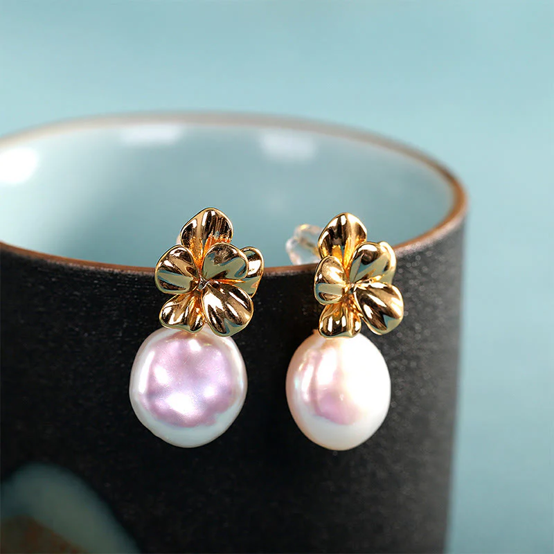Mocoer 925 Sterling Silver Natural Baroque Pearl Flower Healing Drop Earrings - Mocoer