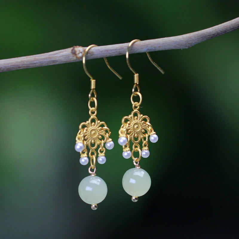 Mocoer Hetian Jade Flower Pattern 14K Gold Plated Luck Drop Dangle Earrings - Mocoer