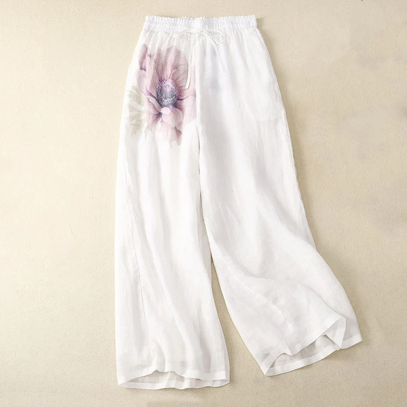 Mocoer Floral Print High Waist Cotton Linen Drawstring Wide Leg Pants With Pockets - Mocoer