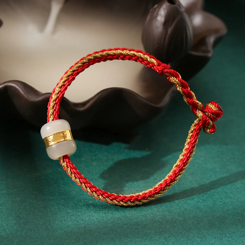 Mocoer 999 Gold Hetian White Jade Om Mani Padme Hum Fu Character Luck Braided Bracelet - Mocoer
