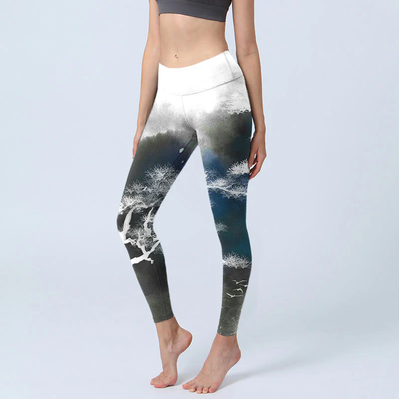 Mocoer Ink Painting Pine Tree Print Gym Leggings Women's Yoga Pants - Mocoer