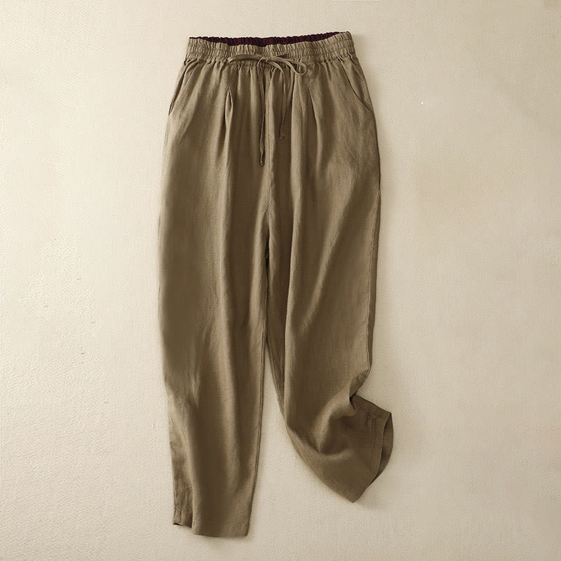 Mocoer Vintage High Waist Lace-up Cotton Linen Harem Pants With Pockets - Mocoer