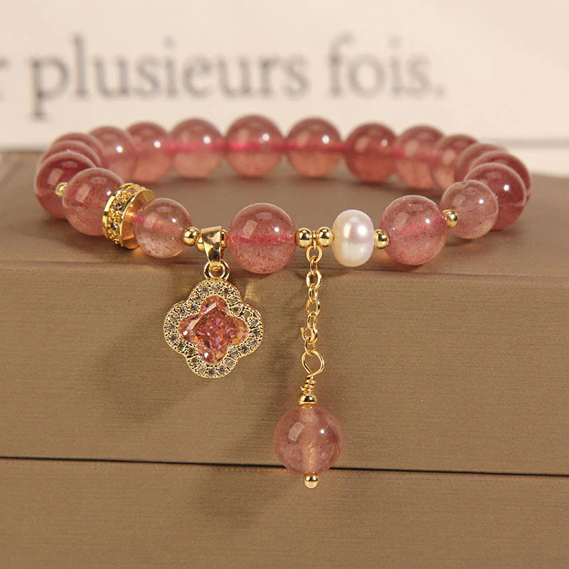 Mocoer Strawberry Quartz Pearl Four Leaf Clover Charm Healing Bracelet - Mocoer