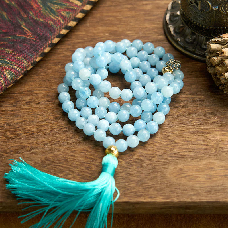 Mocoer 108 Mala Beads Natural Stone Aquamarine Tassel Lotus Healing Bracelet - Mocoer