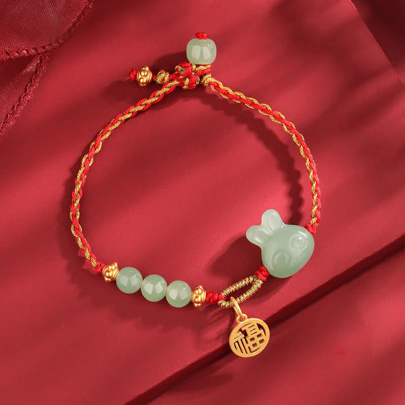 Mocoer 925 Sterling Silver Year of the Rabbit Hetian Jade Happiness Luck Red String Bracelet - Mocoer