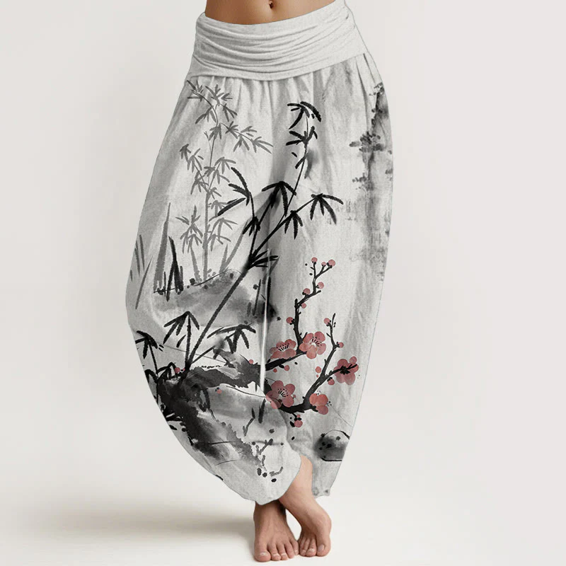 Mocoer Pure Cotton Plum Blossoms Bamboo Orchids Chrysanthemums Pattern Women's Elastic Waist Harem Pants - Mocoer