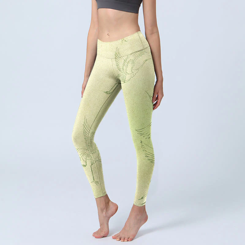 Mocoer Light Yellow Crane Print Sports Leggings Women's Yoga Pants - Mocoer