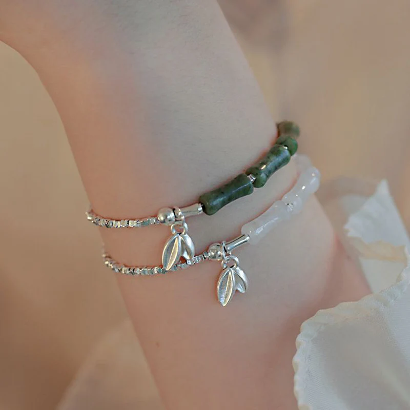 Mocoer 925 Sterling Silver Peridot Bamboo Pattern Luck Bracelet - Mocoer